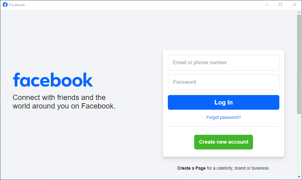 Facebook Desktop login screen