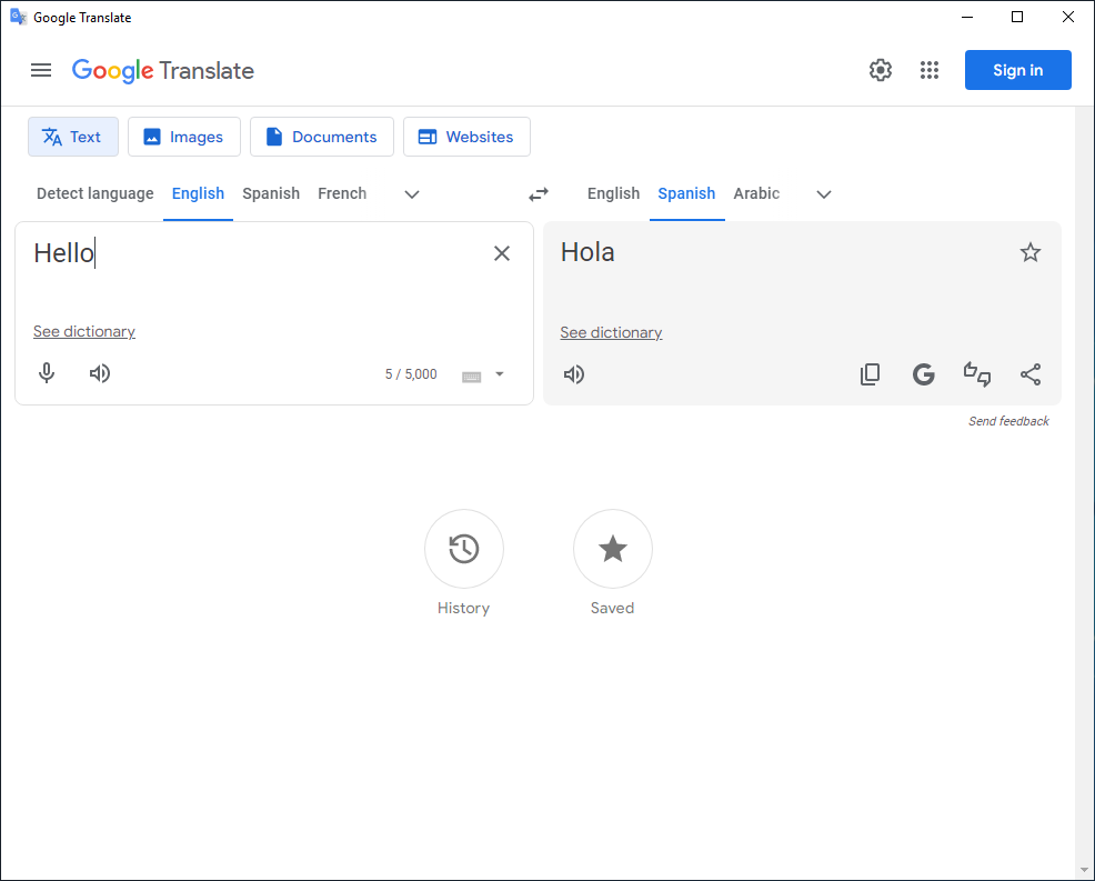 Google Translate Desktop Home View