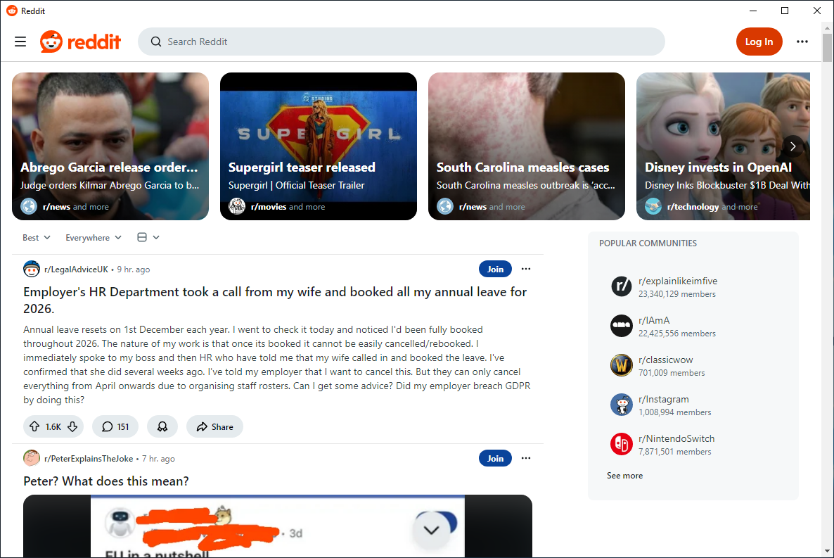 Reddit Desktop Home Feed View