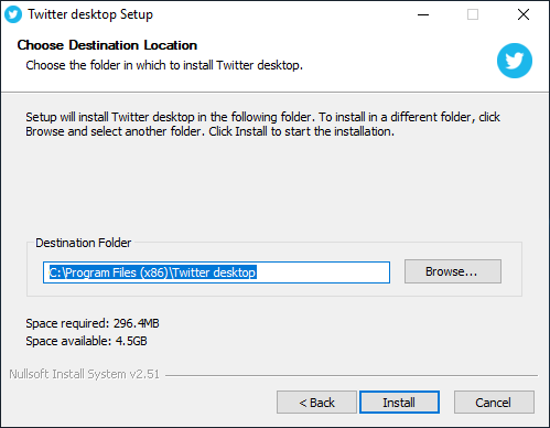 Twitter Desktop Install Path Selection