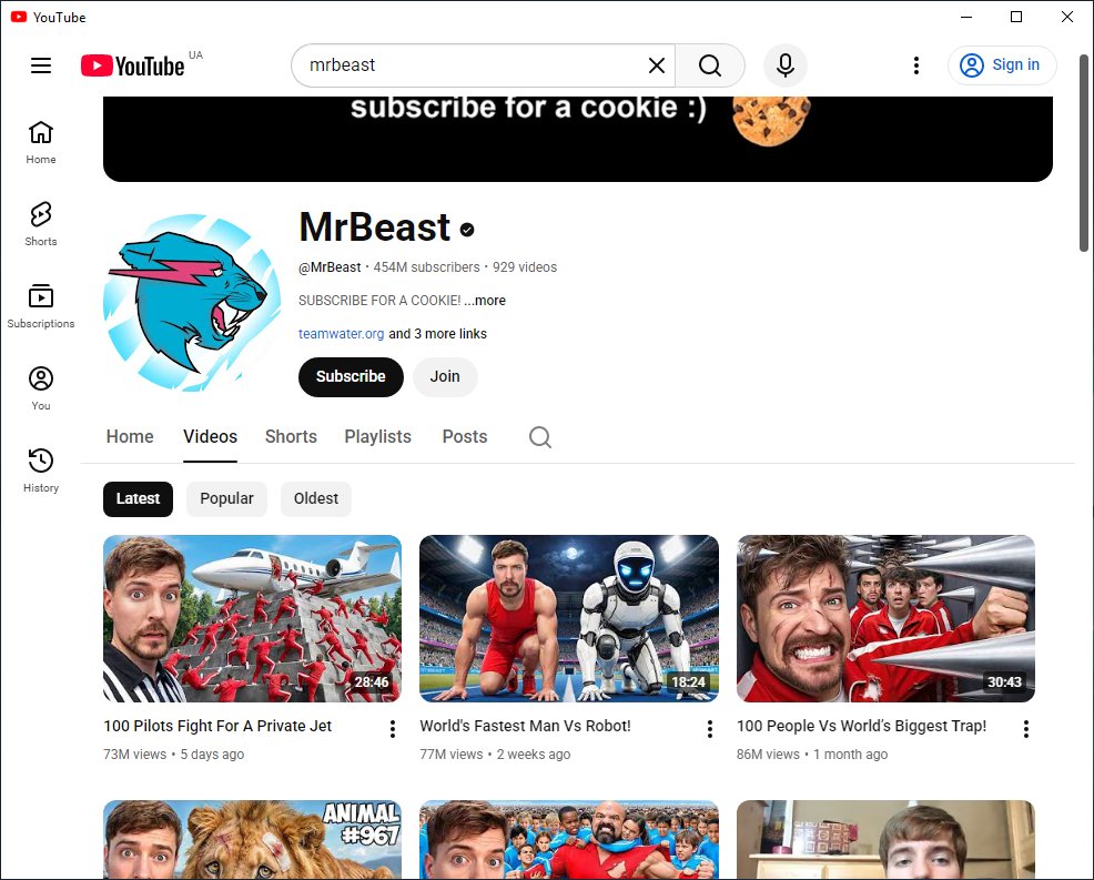 Channel search shown in YouTube Desktop