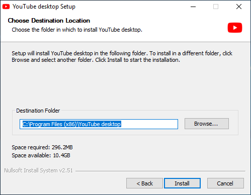 YouTube Desktop Install Path Selection